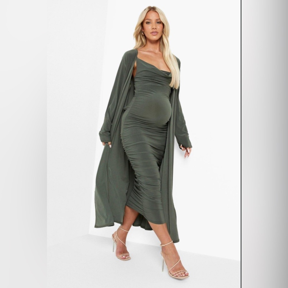 BooHoo Maternity Strappy Cowl Neck Dress and Duster Coat